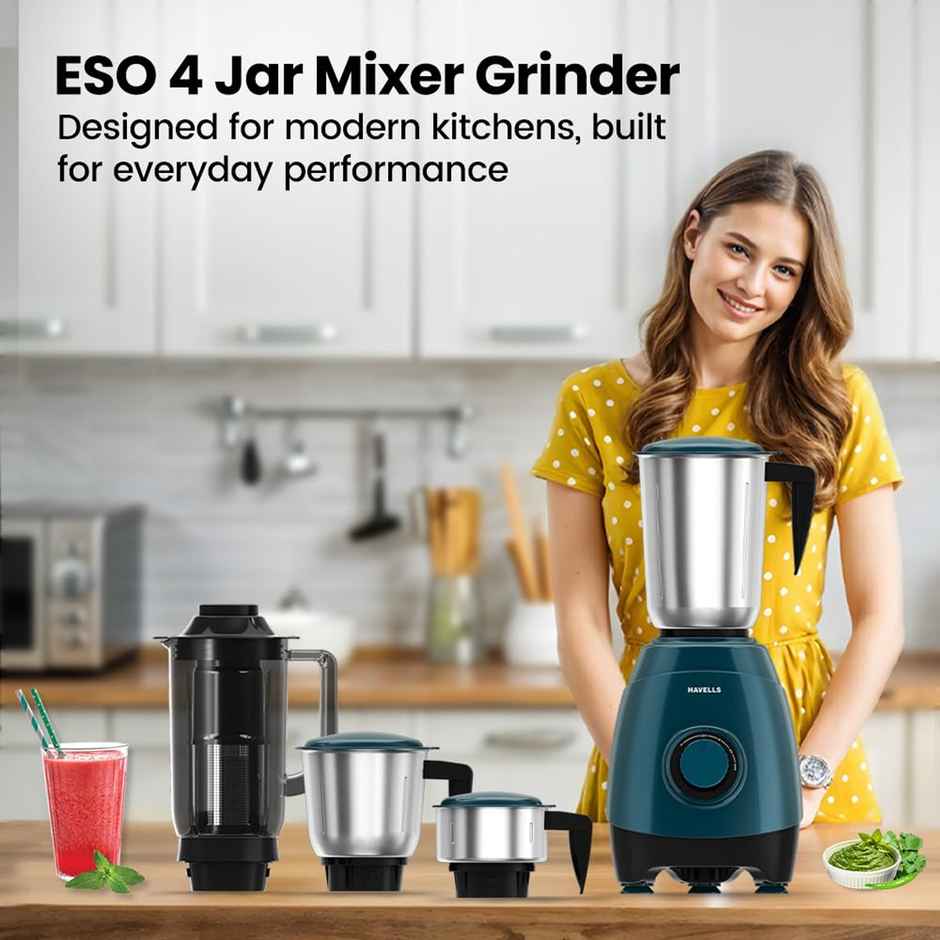 Havells ESO Mixer Grinder | 750 W | 4 Jars | 304 SS Blades | High Speed | 21000 RPM - Teal & Black