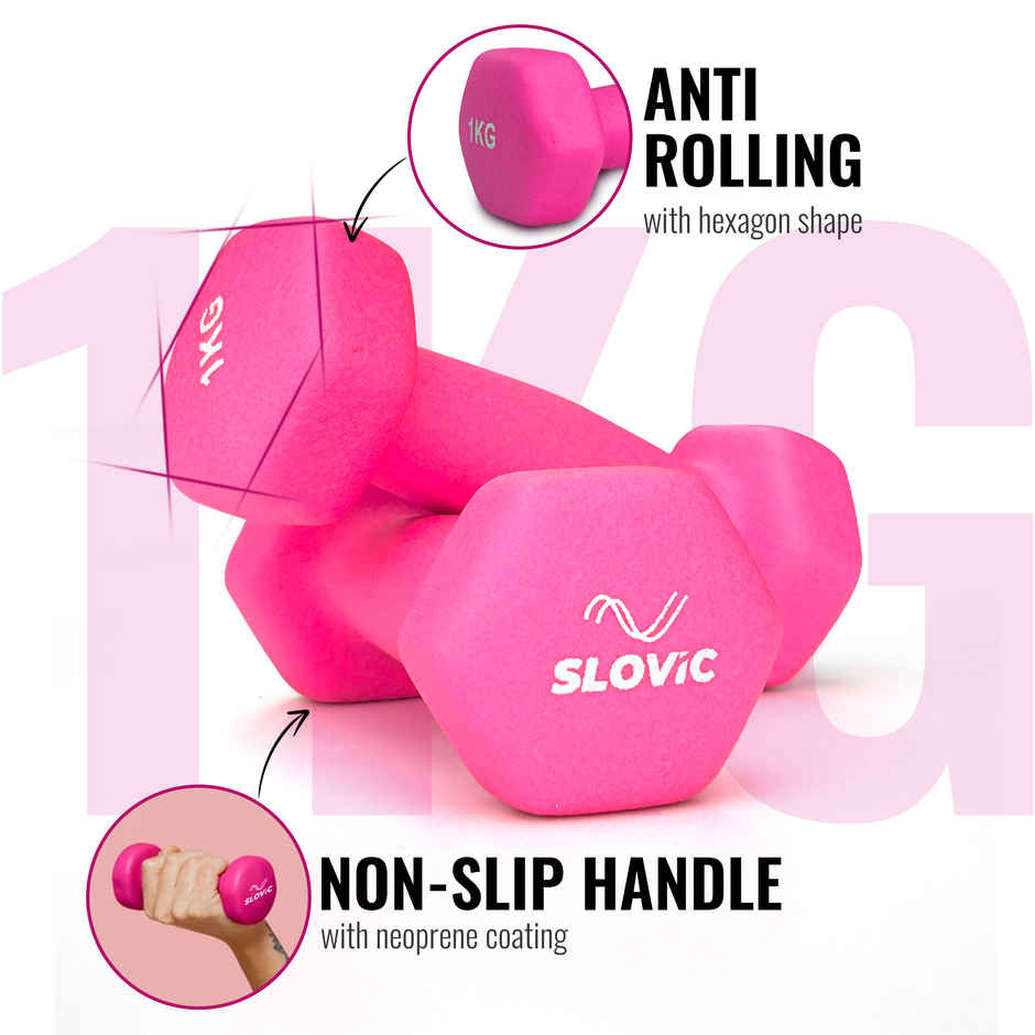 Slovic Neoprene Dumbbell Set (1 kg X 2) | Pink | for Home & Gym Use | Anti-Skid Rubber