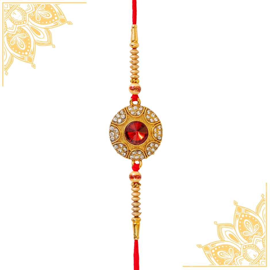 Stone Red Stone Round Shaped Kundan Rakhi With Mauli (BANDHAN)