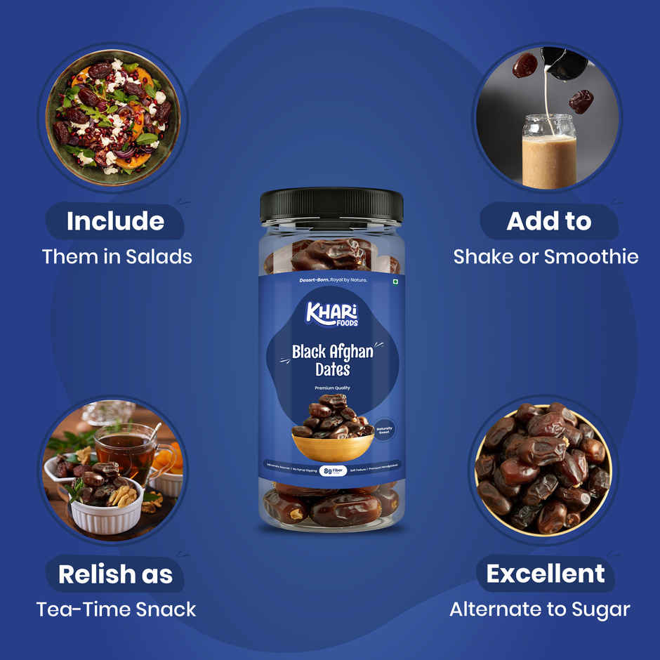 Khari Foods Premium Black Afghan Dates - Can Pack | High Energy Khajur, Dry Fruit Khajoor