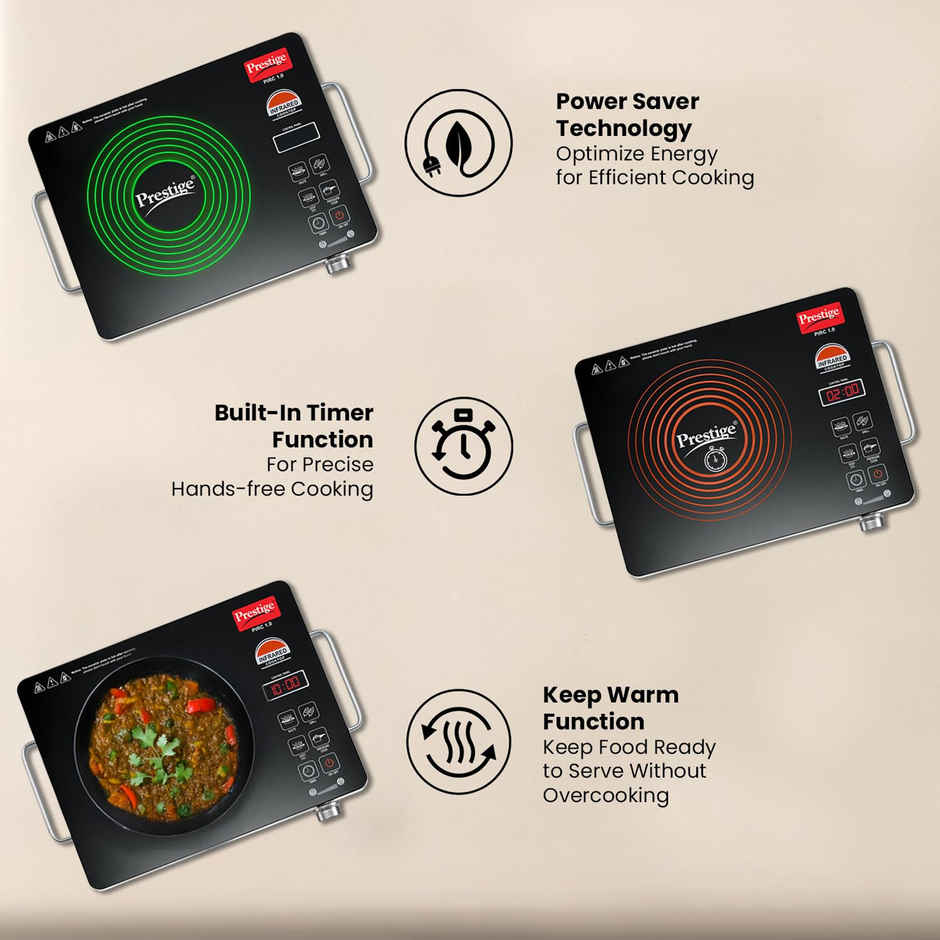 Prestige PIRC 1.0 2200W Infrared Cooktop, Preset Indian Menu Options & Timer, Black, 1Y Warranty,BIS