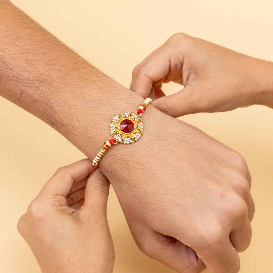 Stone Red Stone Round Shaped Kundan Rakhi With Mauli (BANDHAN)