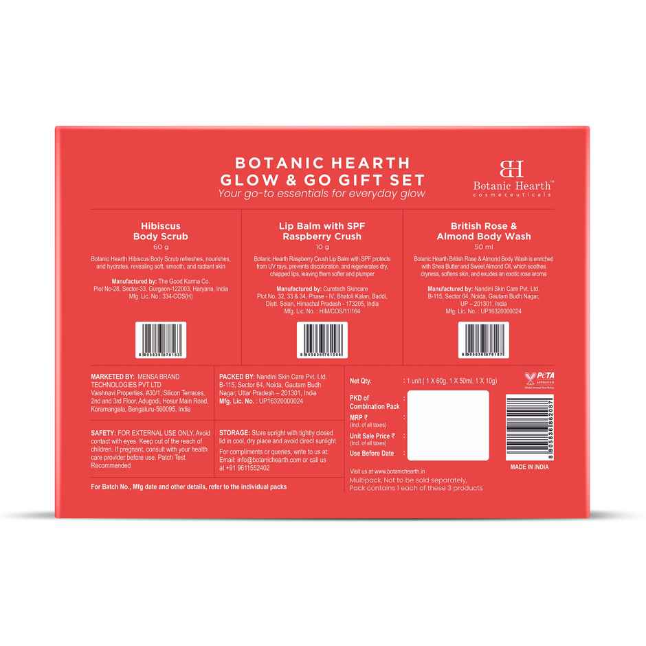 Botanic Hearth Gift Set of 3- Hibiscus Body Scrub | Raspberry Lip Balm | British Rose Body Wash
