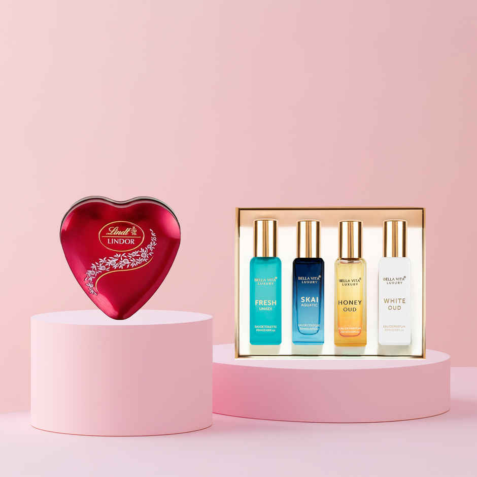 Lindt Heart Tin Chocolate(62.5gms) & Bella Vita Organic Unisex Luxury Perfume Gift Set(80ml) Combo 