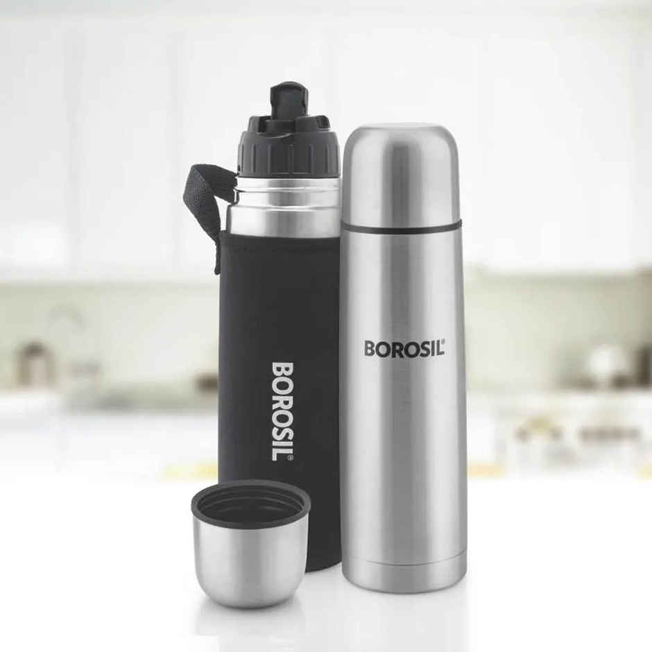 Borosil Stainless Steel Hydra Thermo Vacuum Insulated Flask Water Bottle | 500 ml | Black