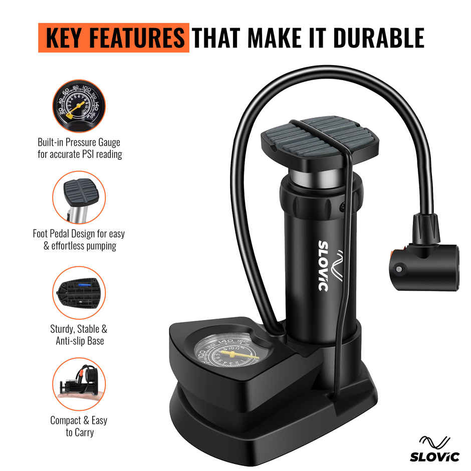 Slovic Cycle Air Foot Pump with Meter for Bike, Car Tyres, Football & More