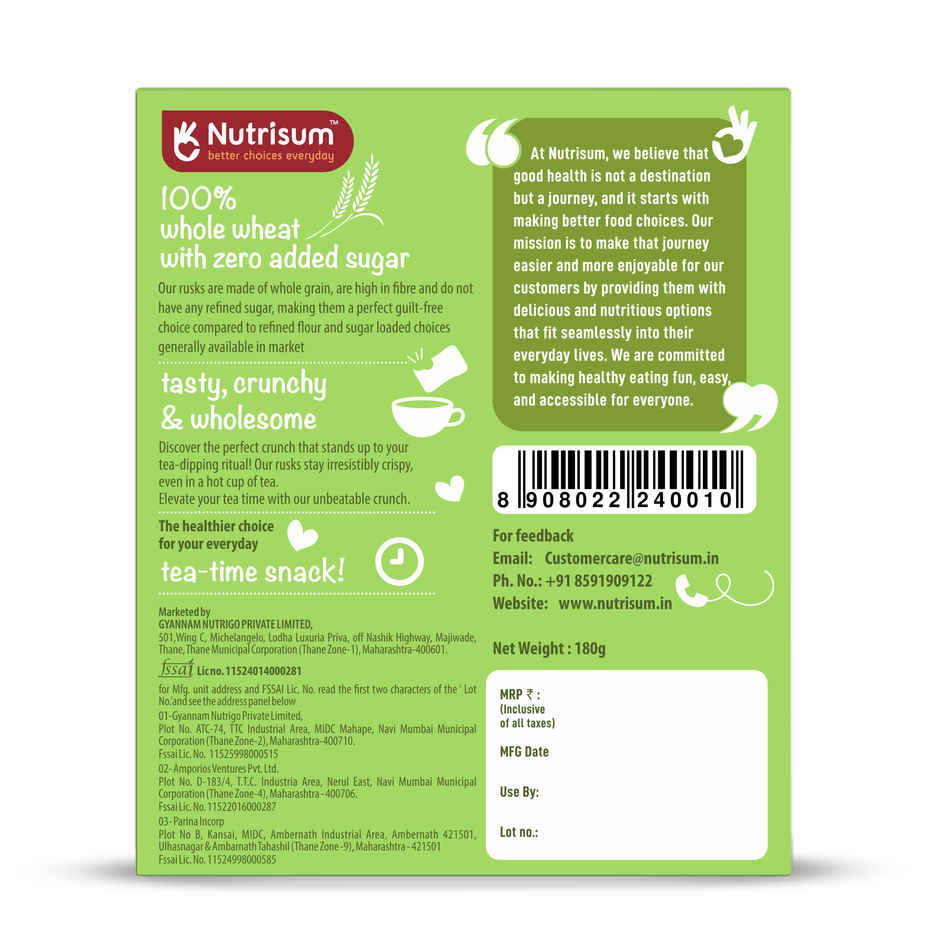 Nutrisum Whole Wheat Rusk - No Added Sugar- Elaichi