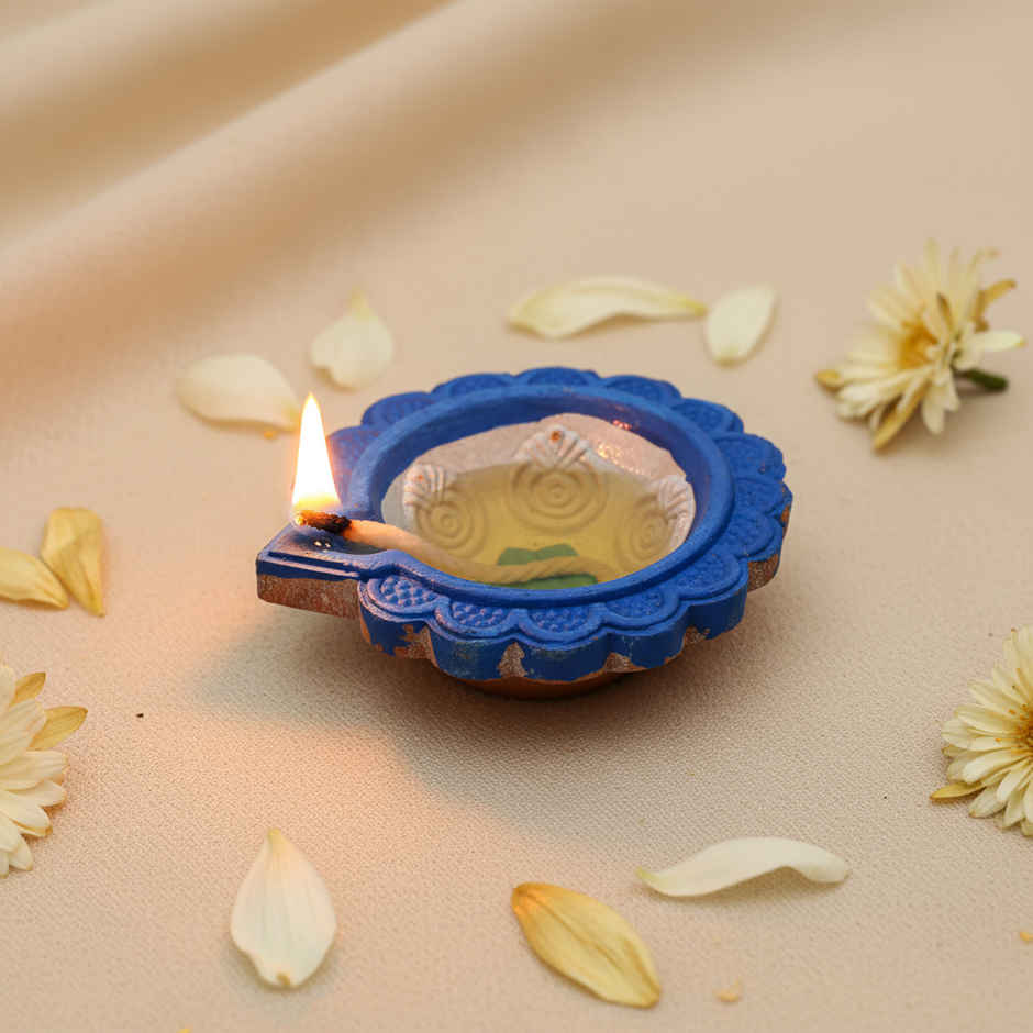 Evil-Eye Decorative Diya | Designer Clay Diya | Pack Of 4 | Blue & White | Tota