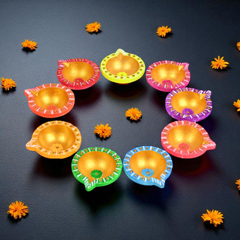 Kunj Gifting Diya | Designer Clay Diya | Pack Of 9 | Multicolour | Skilsy Handicrafts