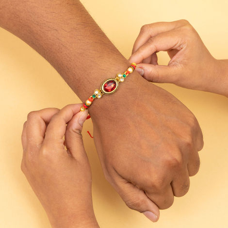 Stone Classy Red Stone Kundan Rakhi With Roli Chawal Pack (BANDHAN)