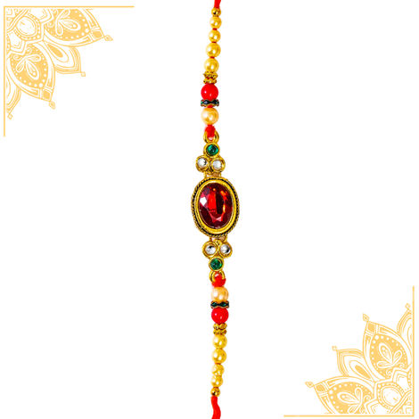 Stone Classy Red Stone Kundan Rakhi With Roli Chawal Pack (BANDHAN)