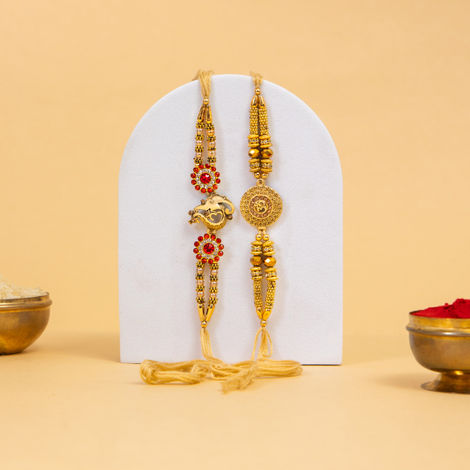 Religious OM and Ganesha Rakhi for Brother with Roli Chawal (Tied Ribbons) Pack of 2
