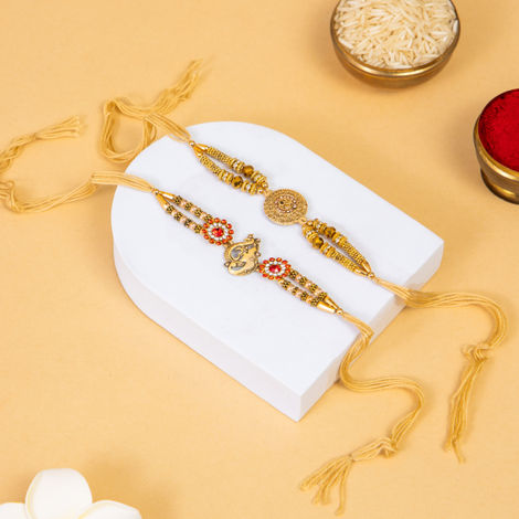Religious OM and Ganesha Rakhi for Brother with Roli Chawal (Tied Ribbons) Pack of 2