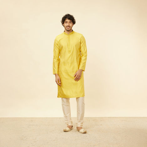 Manyavar Yellow Blended Viscose Self Design Kurta Set | XL