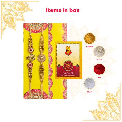 Religious OM and Ganesha Rakhi for Brother with Roli Chawal (Tied Ribbons) Pack of 2