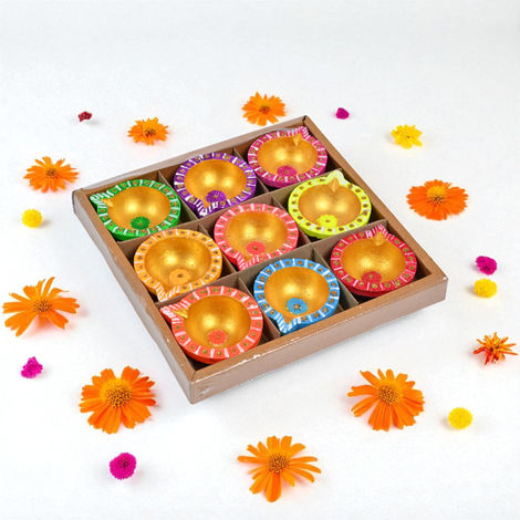 Kunj Gifting Diya | Designer Clay Diya | Pack Of 9 | Multicolour | Skilsy Handicrafts