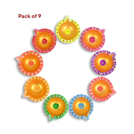 Kunj Gifting Diya | Designer Clay Diya | Pack Of 9 | Multicolour | Skilsy Handicrafts