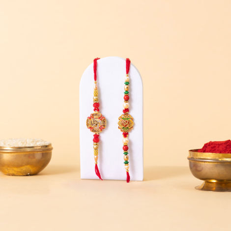 Religious OM Rakhi for Brother with Roli Chawal (Tied Ribbons) Pack of 2