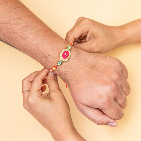 Abstract Premium Kundan Swastik Rakhi (Shree Rakhi) Set of 1