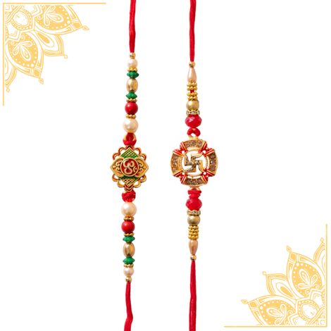 Religious OM Rakhi for Brother with Roli Chawal (Tied Ribbons) Pack of 2