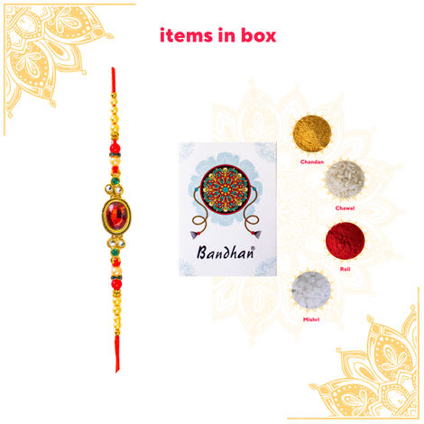 Stone Classy Red Stone Kundan Rakhi With Roli Chawal Pack (BANDHAN)