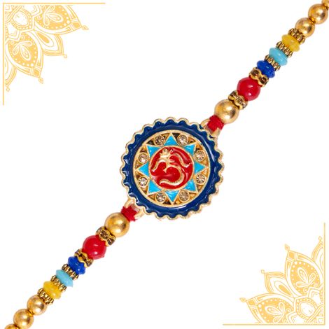 Stone Om Round Rakhi With Stone And Meenakari Work (BANDHAN)