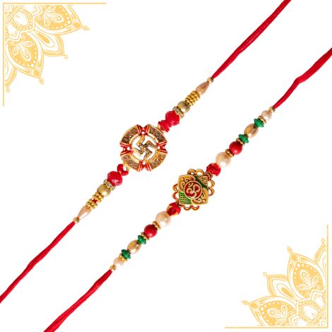 Religious OM Rakhi for Brother with Roli Chawal (Tied Ribbons) Pack of 2
