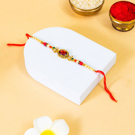 Stone Classy Red Stone Kundan Rakhi With Roli Chawal Pack (BANDHAN)