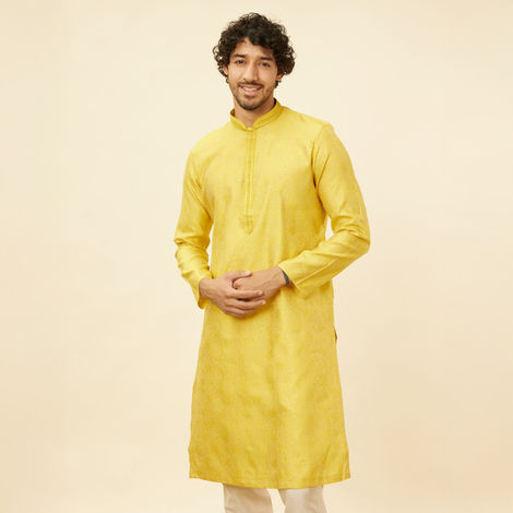 Manyavar Yellow Blended Viscose Self Design Kurta Set | XL