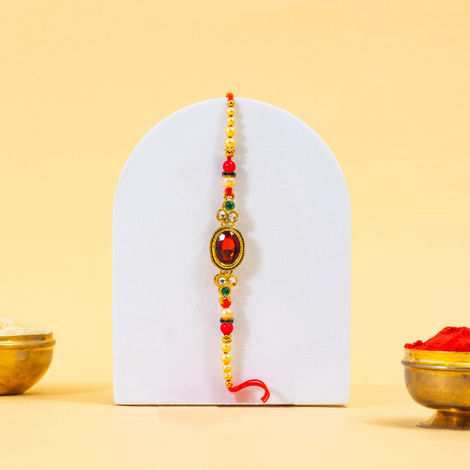 Stone Classy Red Stone Kundan Rakhi With Roli Chawal Pack (BANDHAN)