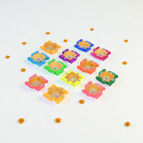 Kunj Gifting Diya | Multicolour | Designer Clay Diya | Pack Of 12 | Skilsy Handicrafts