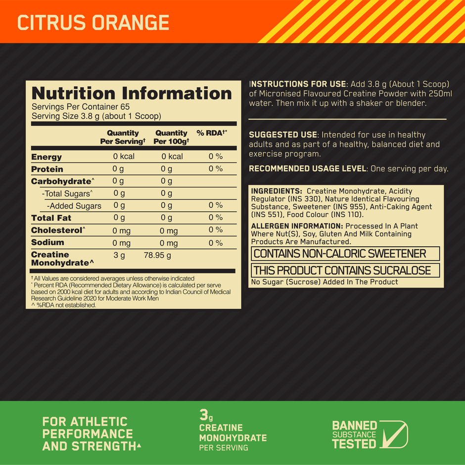 Optimum Nutrition Micronized Creatine Powder | 65 Serves Citrus Orange 3 g