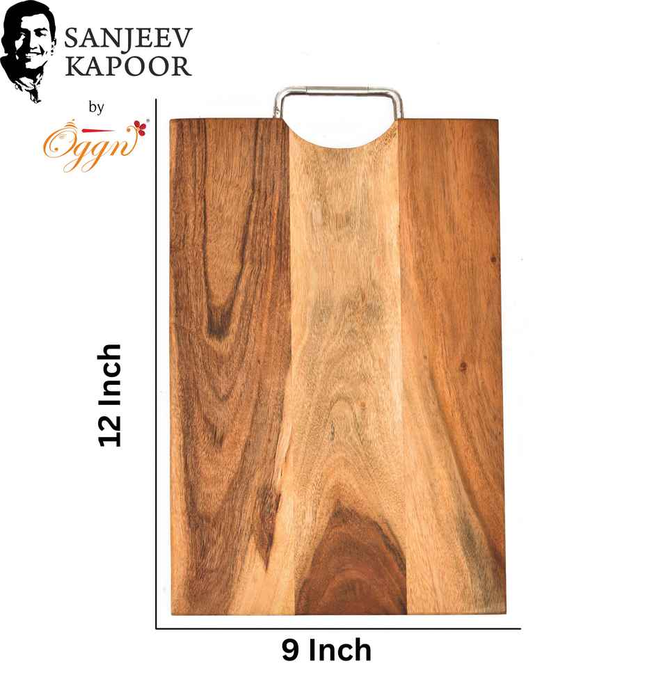 Sanjeev Kapoor by OGGN Wooden Cutting,Serving Board for Vegetables,Fruits With SS Hndl - 12x9 Inch
