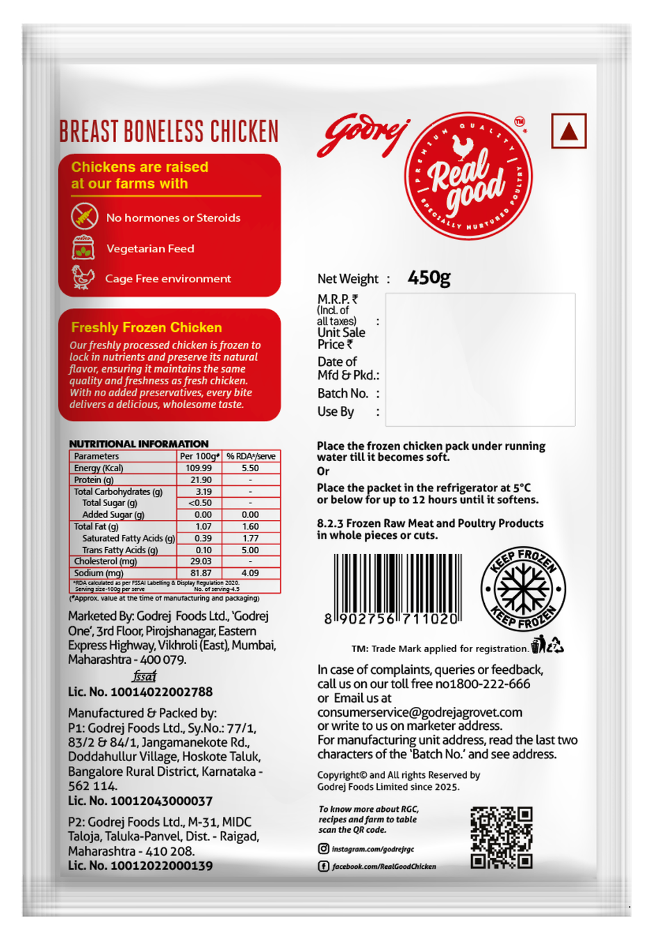 Godrej Real Good Chicken Breast Boneless | Freshly Frozen | No Hormones, No Preservatives