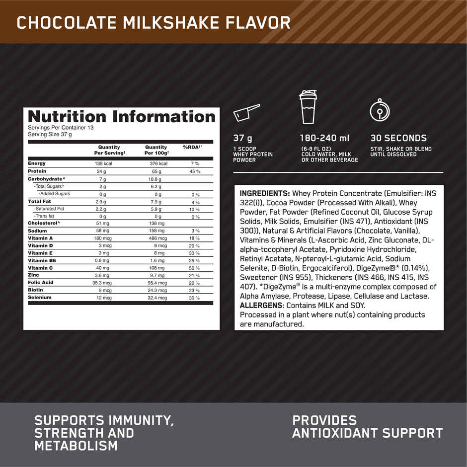 Optimum Nutrition Performance Whey Protein Powder | Chocolate Milkshake