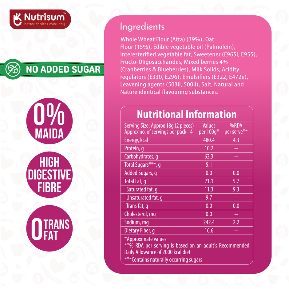 Nutrisum Oats Cookies - No Added Sugar - Mixed Berries