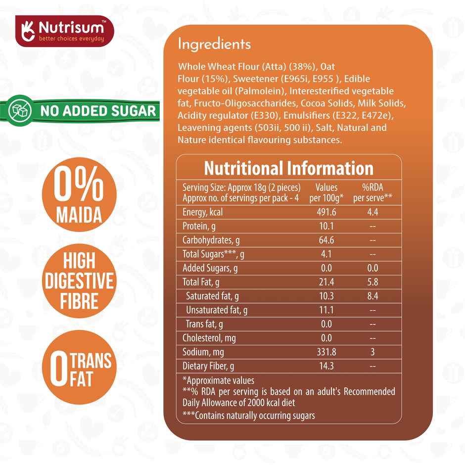 Nutrisum Oats Cookies - No Added Sugar - Chocolate Orange