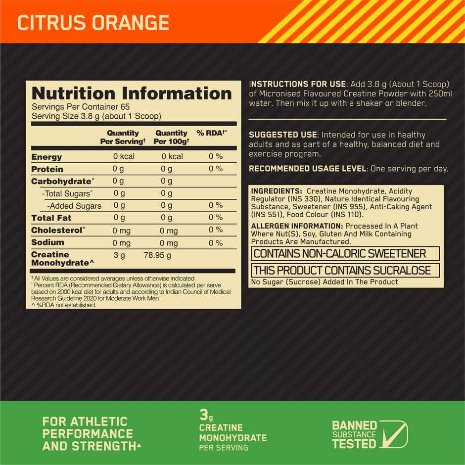 Optimum Nutrition Micronized Creatine Powder | 65 Serves Citrus Orange 3 G