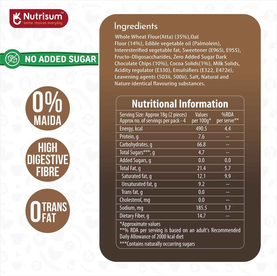 Nutrisum Oats Cookies- No added Sugar- Chcco Chip