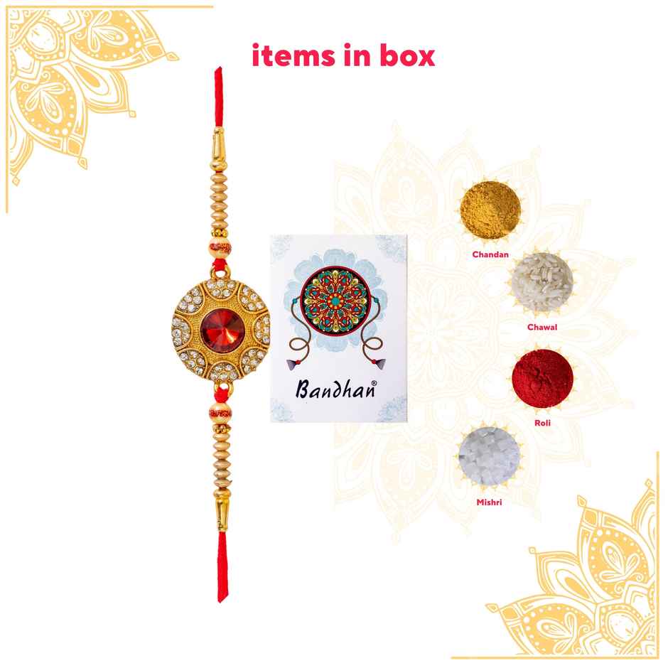Stone Red Stone Round Shaped Kundan Rakhi With Mauli (BANDHAN)