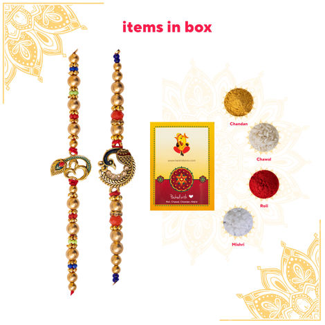 Religious OM and Peacock Rakhi for Brother with Roli Chawal (Tied Ribbons) Pack of 2