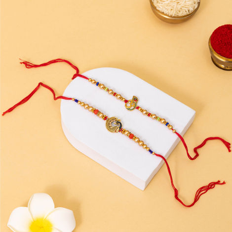 Religious OM and Peacock Rakhi for Brother with Roli Chawal (Tied Ribbons) Pack of 2