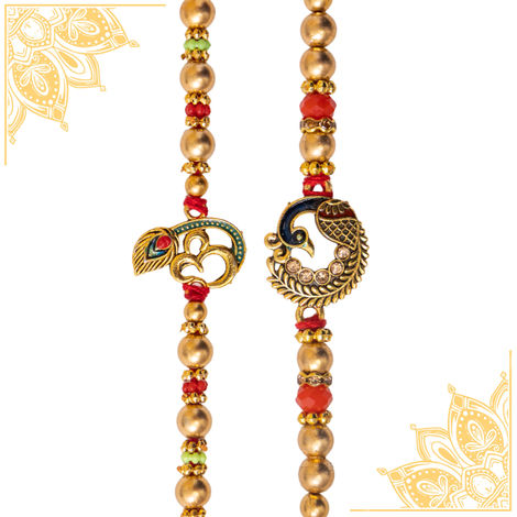 Religious OM and Peacock Rakhi for Brother with Roli Chawal (Tied Ribbons) Pack of 2