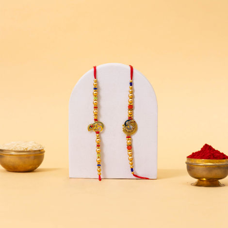 Religious OM and Peacock Rakhi for Brother with Roli Chawal (Tied Ribbons) Pack of 2