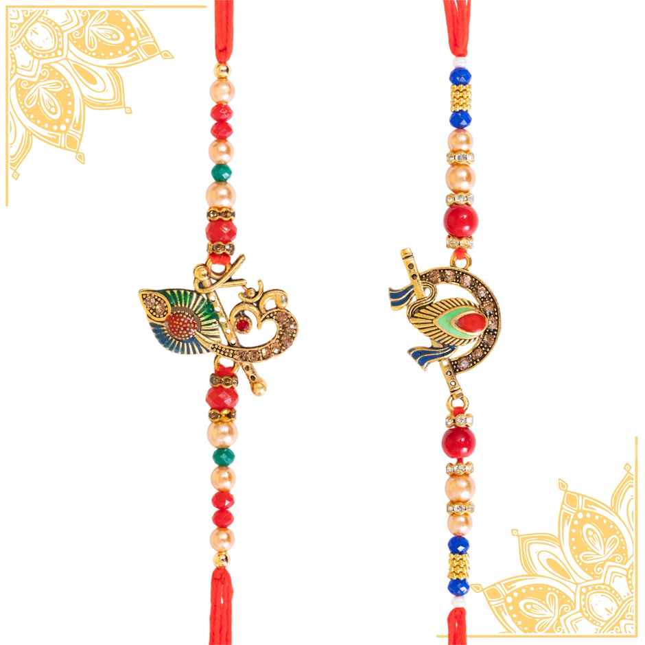 Tied Ribbons Krishna And Ganesha Rakhi For Kids With Roli Chawal (1pc) & Tied Ribbons Flute And Om Rakhi For Brother With Roli Chawal (1pc) Combo
