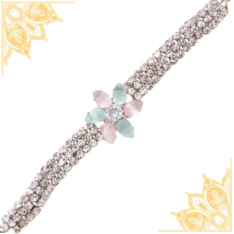 American Diamond Designer Bracelet Rakhi With Colored Stones (BANDHAN)