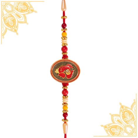 Religious Ganesha Sindoori Orange Meenakari Rakhi (BANDHAN)