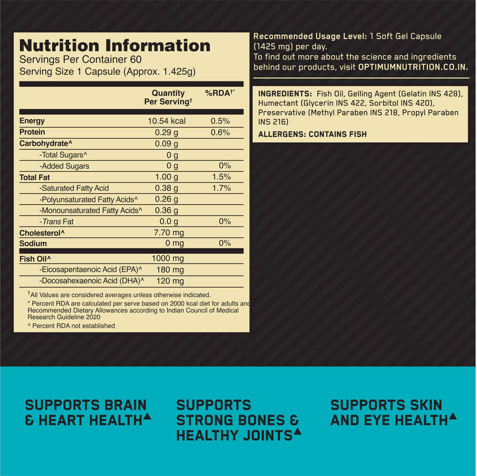 Optimum Nutrition Fish Oil 60 Capsules 1000 mg Fish Oil 180 mg EPA 120 mg DHA