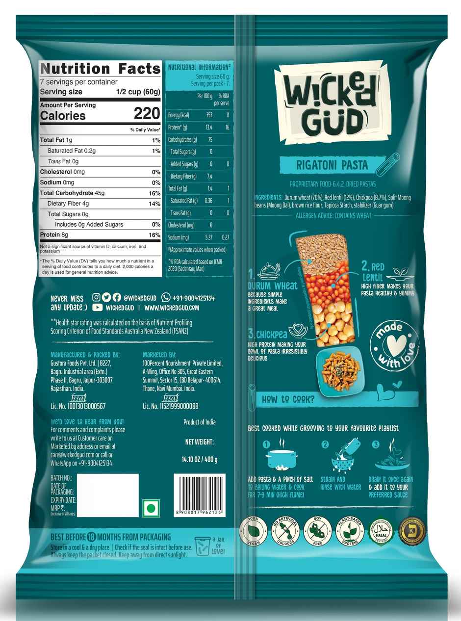 Wickedgud Rigatoni Pasta Made With Durum Wheat