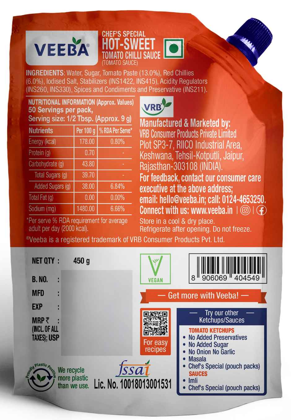 Veeba Hot-Sweet Tomato Chilli Sauce Chef'S Special | No Synthetic Colours Or Artificial Flavours